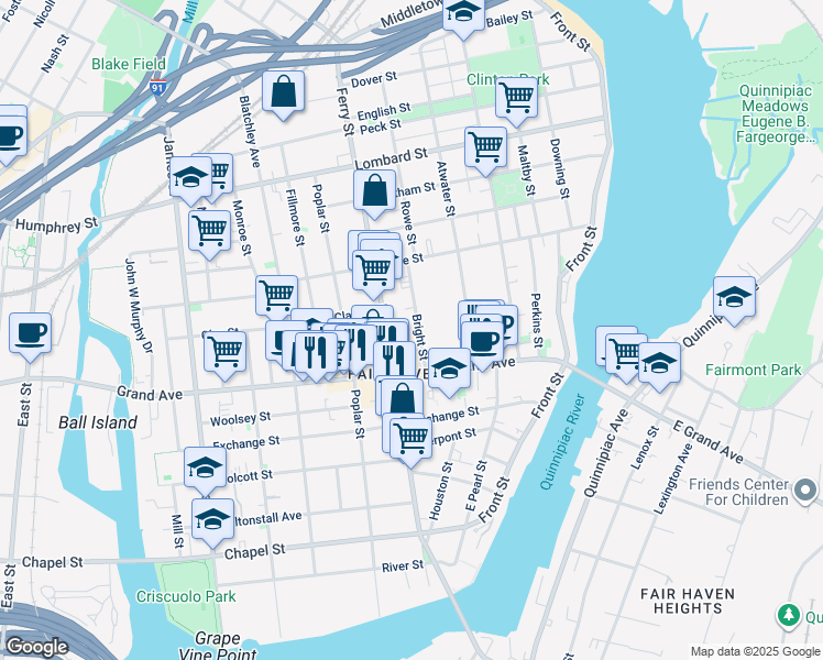map of restaurants, bars, coffee shops, grocery stores, and more near 373 Ferry Street in New Haven