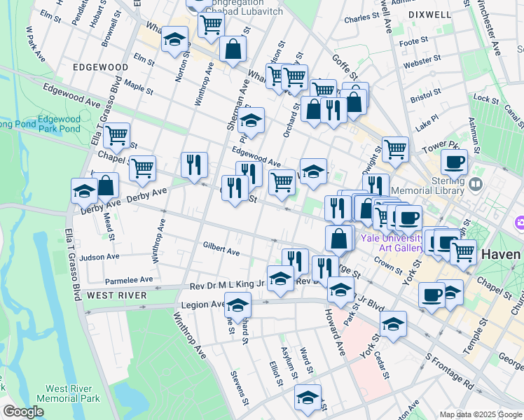 map of restaurants, bars, coffee shops, grocery stores, and more near in New Haven