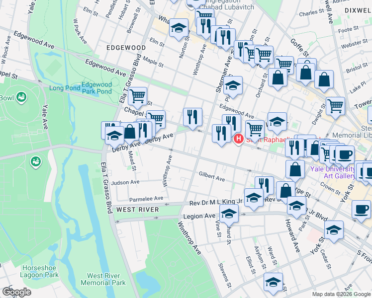 map of restaurants, bars, coffee shops, grocery stores, and more near 708 George Street in New Haven
