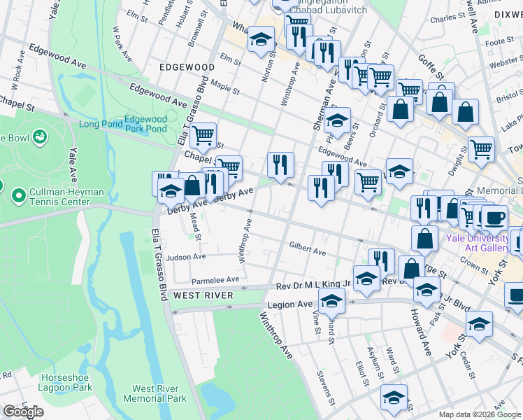 map of restaurants, bars, coffee shops, grocery stores, and more near 708 George Street in New Haven
