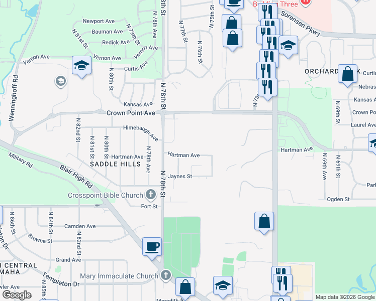 map of restaurants, bars, coffee shops, grocery stores, and more near 7621 Hartman Avenue in Omaha
