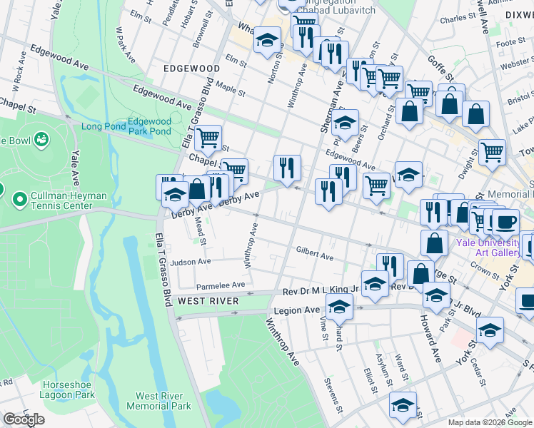 map of restaurants, bars, coffee shops, grocery stores, and more near 708 George Street in New Haven