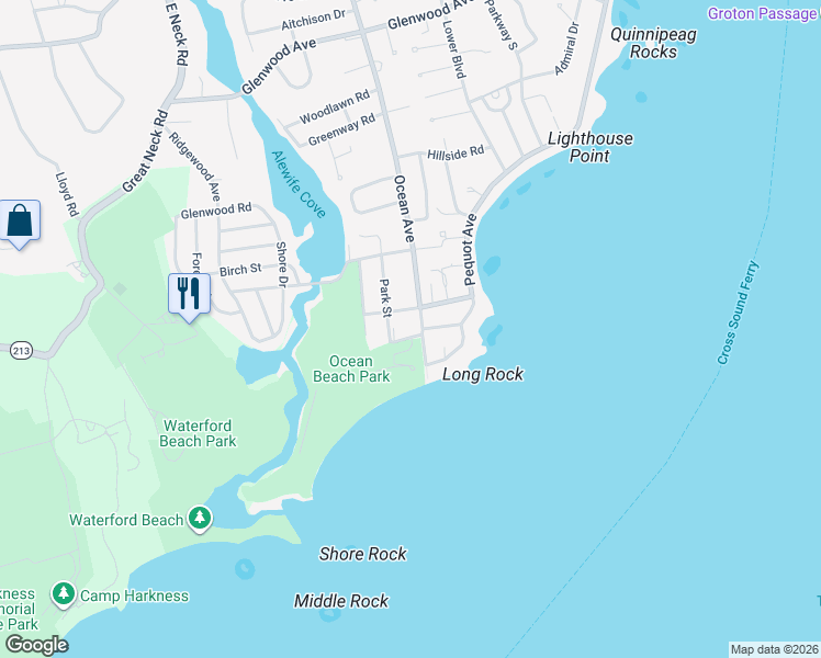 map of restaurants, bars, coffee shops, grocery stores, and more near in New London