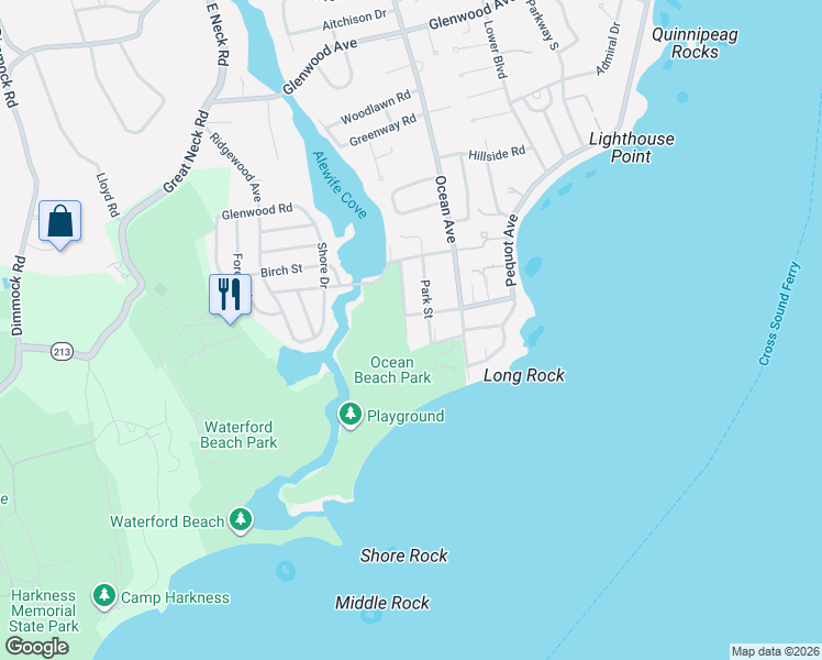 map of restaurants, bars, coffee shops, grocery stores, and more near 43 Stuart Avenue in New London