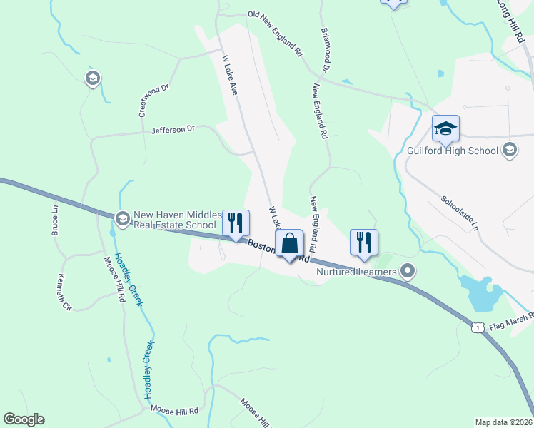 map of restaurants, bars, coffee shops, grocery stores, and more near 64 West Lake Avenue in Guilford