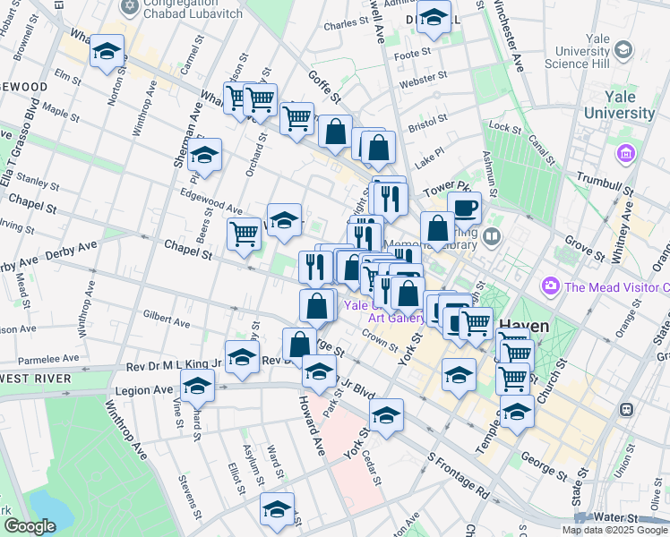 map of restaurants, bars, coffee shops, grocery stores, and more near 1245 Chapel Street in New Haven