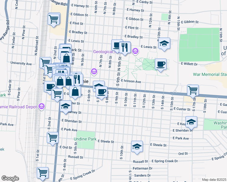 map of restaurants, bars, coffee shops, grocery stores, and more near 816 Grand Avenue in Laramie