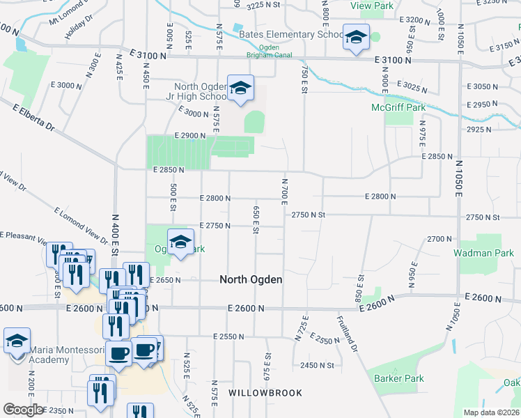 map of restaurants, bars, coffee shops, grocery stores, and more near 2784 North 650 East in North Ogden