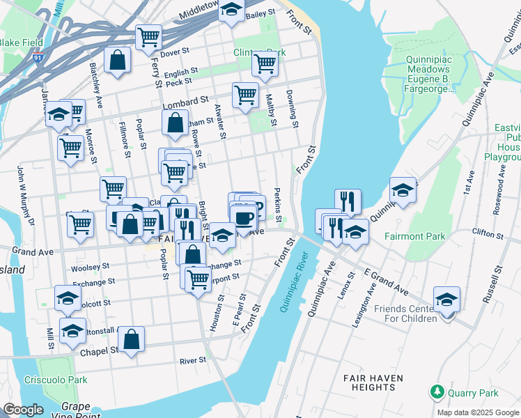 map of restaurants, bars, coffee shops, grocery stores, and more near 18 Clinton Avenue in New Haven