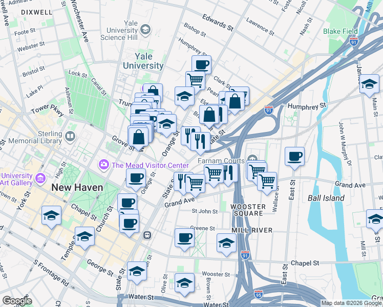 map of restaurants, bars, coffee shops, grocery stores, and more near 681 State Street in New Haven