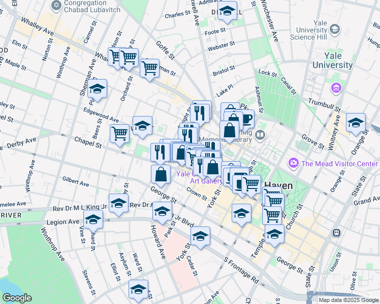 map of restaurants, bars, coffee shops, grocery stores, and more near 36 Edgewood Avenue in New Haven