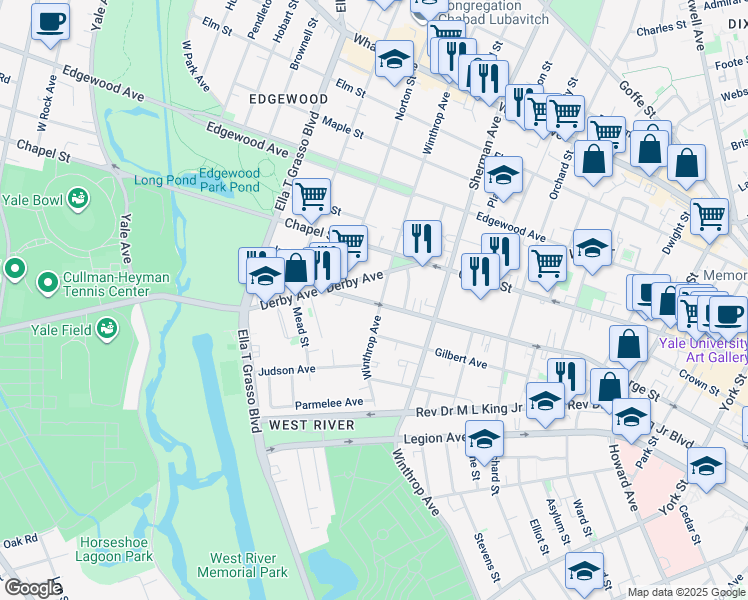map of restaurants, bars, coffee shops, grocery stores, and more near 252 Winthrop Avenue in New Haven