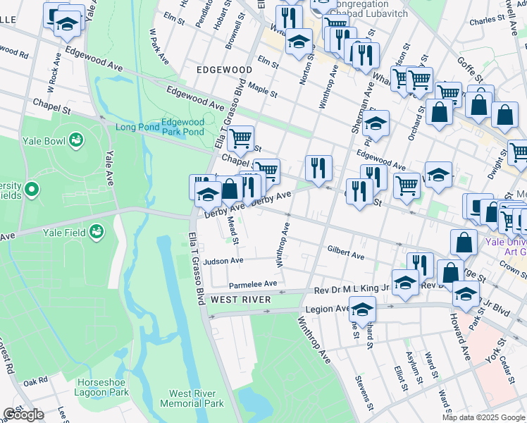 map of restaurants, bars, coffee shops, grocery stores, and more near 790 George Street in New Haven