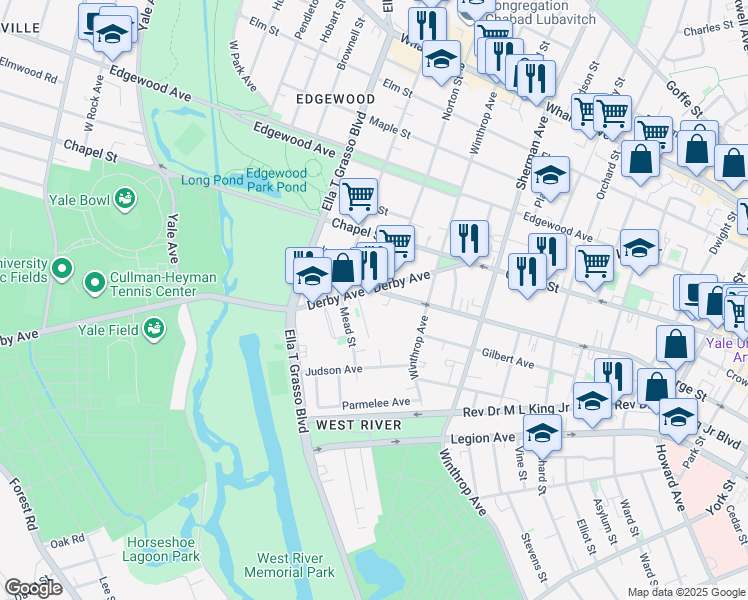 map of restaurants, bars, coffee shops, grocery stores, and more near 790 George Street in New Haven