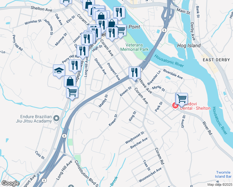 map of restaurants, bars, coffee shops, grocery stores, and more near 31 Carley Street in Shelton