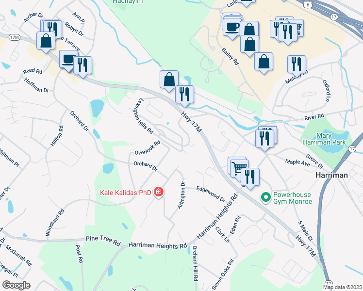map of restaurants, bars, coffee shops, grocery stores, and more near 1 Woodland Road in Monroe