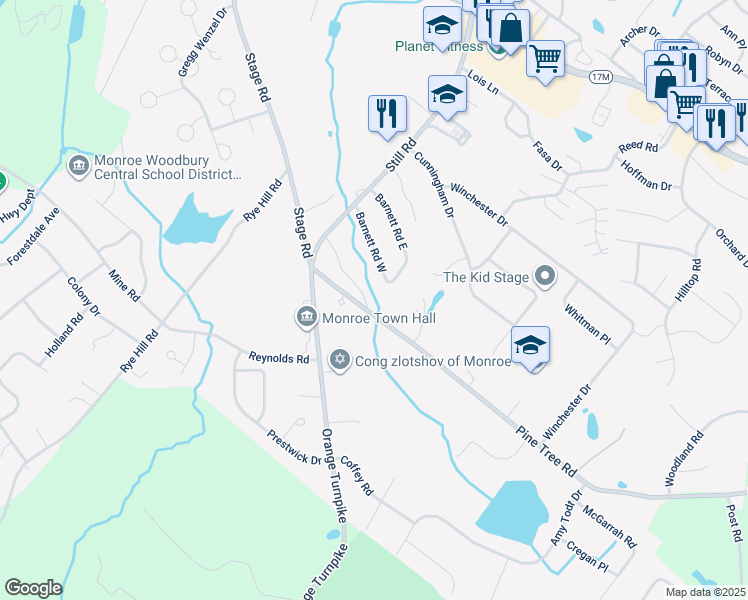 map of restaurants, bars, coffee shops, grocery stores, and more near 17 Barnett Drive in Monroe