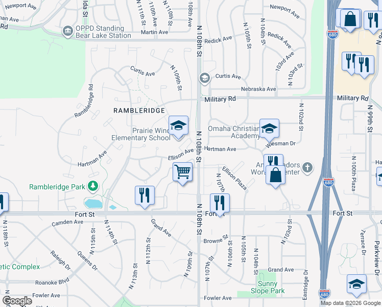 map of restaurants, bars, coffee shops, grocery stores, and more near 10907 Ellison Avenue in Omaha