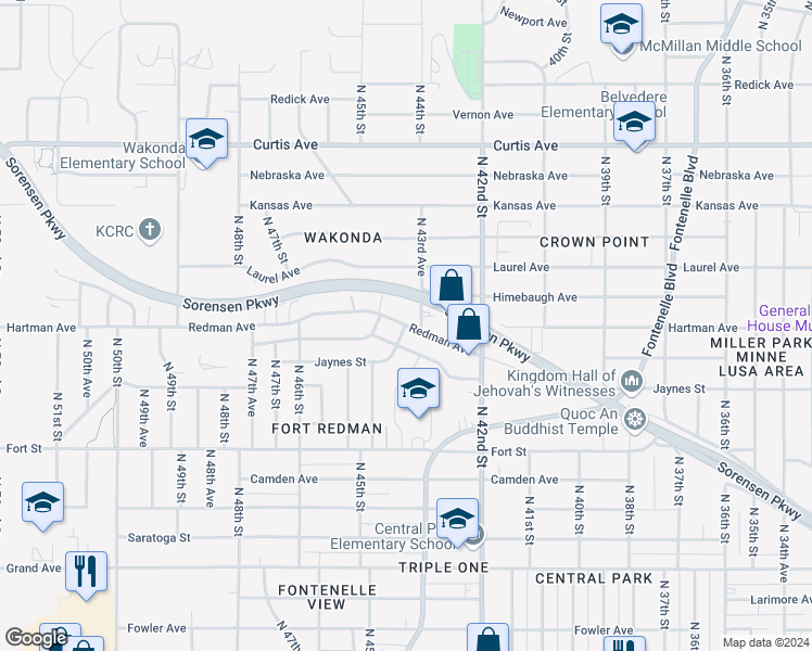 map of restaurants, bars, coffee shops, grocery stores, and more near Redman Ave & N 44th St in Omaha