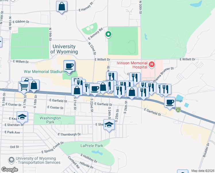 map of restaurants, bars, coffee shops, grocery stores, and more near 2405 C Grand Avenue in Laramie