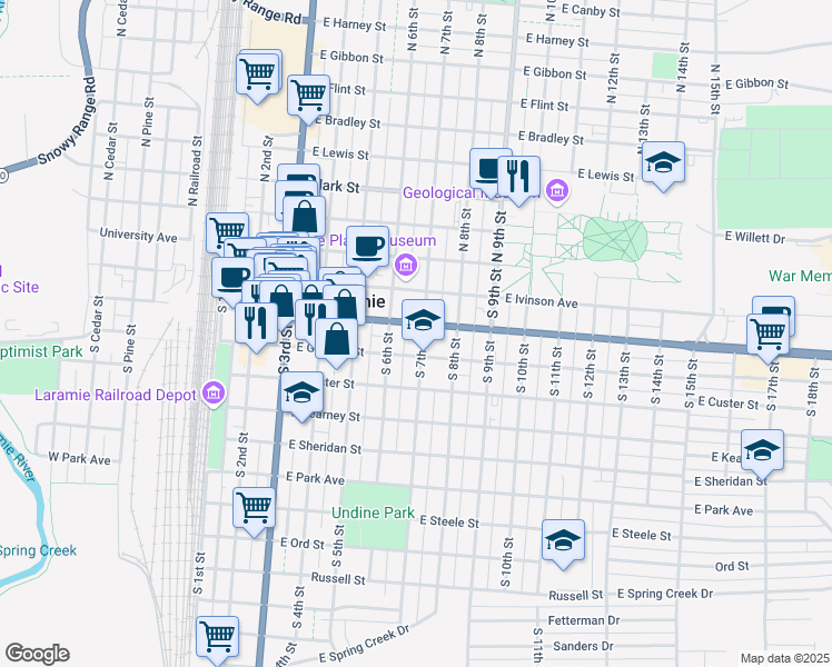 map of restaurants, bars, coffee shops, grocery stores, and more near 618 Grand Avenue in Laramie