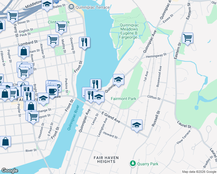 map of restaurants, bars, coffee shops, grocery stores, and more near 765 Quinnipiac Avenue in New Haven