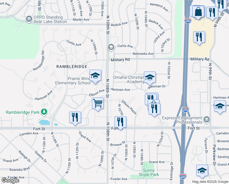 map of restaurants, bars, coffee shops, grocery stores, and more near 10726 Ellison Plaza in Omaha