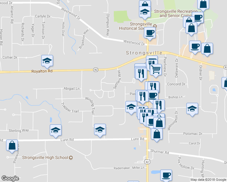 map of restaurants, bars, coffee shops, grocery stores, and more near 14441 Settlers Way in Strongsville