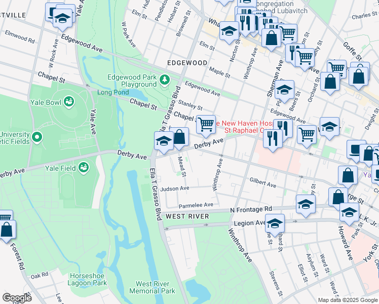 map of restaurants, bars, coffee shops, grocery stores, and more near 122 Derby Avenue in New Haven
