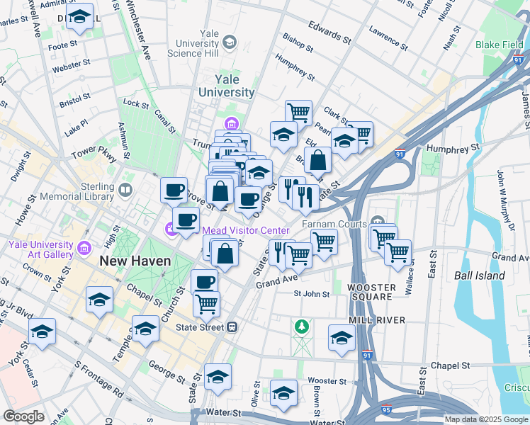 map of restaurants, bars, coffee shops, grocery stores, and more near 630 State Street in New Haven
