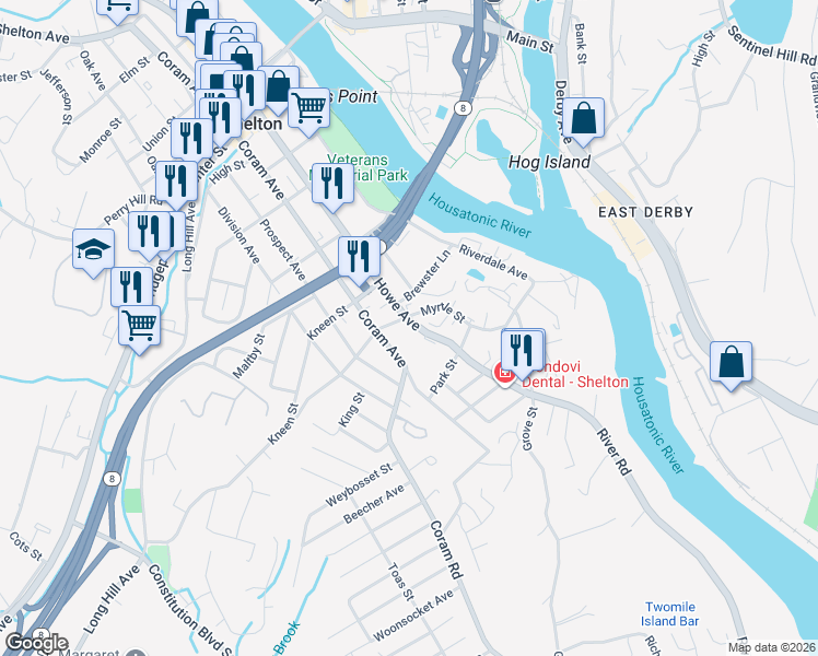 map of restaurants, bars, coffee shops, grocery stores, and more near 162 Howe Avenue in Shelton