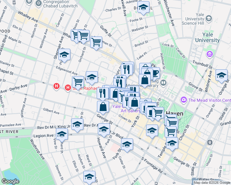 map of restaurants, bars, coffee shops, grocery stores, and more near 84 Howe Street in New Haven