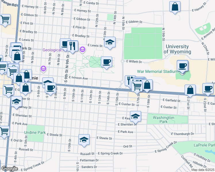map of restaurants, bars, coffee shops, grocery stores, and more near 214 South 14th Street in Laramie