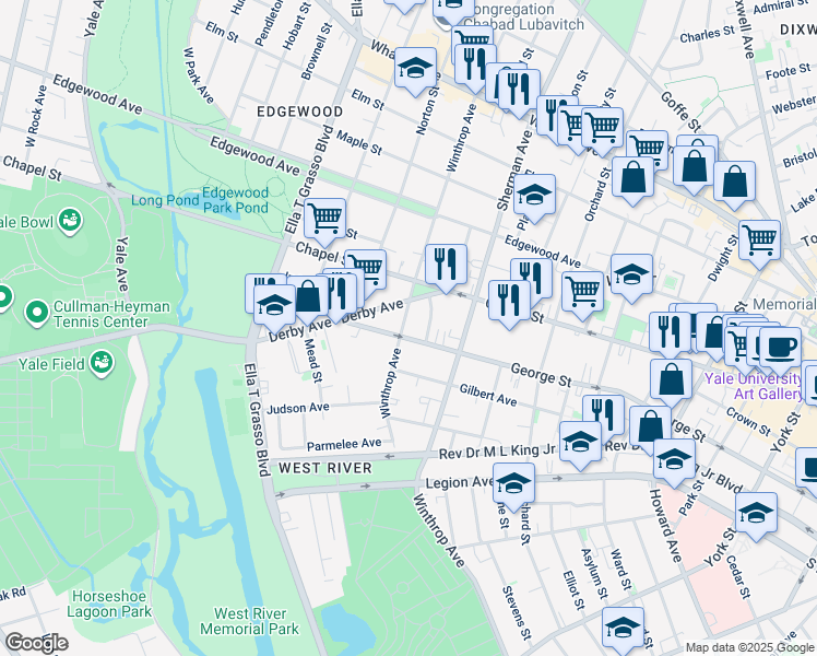map of restaurants, bars, coffee shops, grocery stores, and more near 708 George Street in New Haven