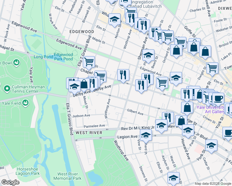map of restaurants, bars, coffee shops, grocery stores, and more near 708 George Street in New Haven