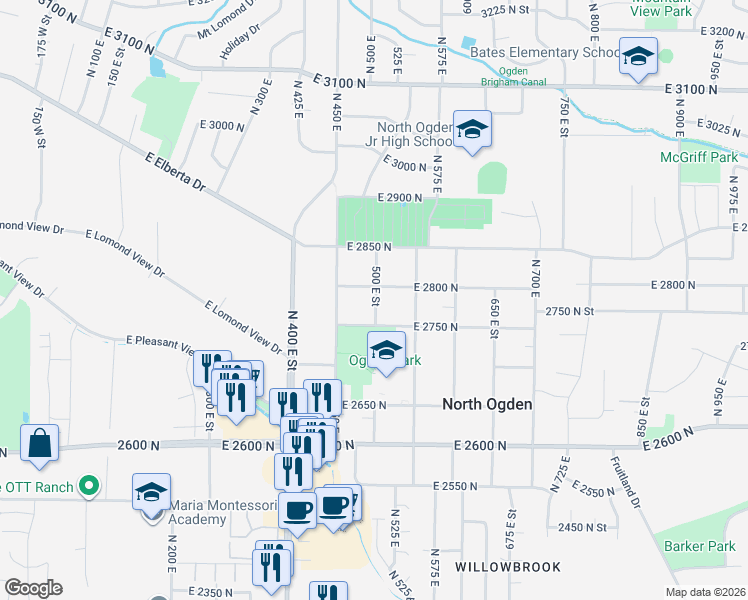 map of restaurants, bars, coffee shops, grocery stores, and more near 506 East 2750 North in North Ogden