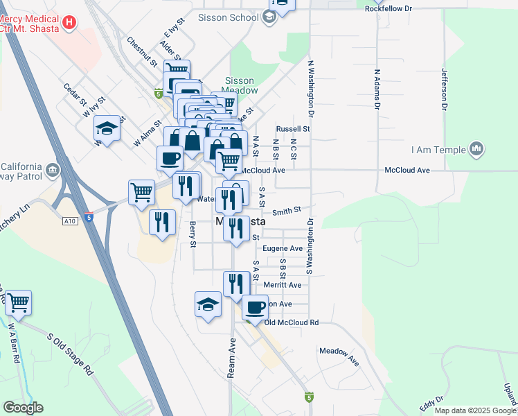 map of restaurants, bars, coffee shops, grocery stores, and more near in Mount Shasta
