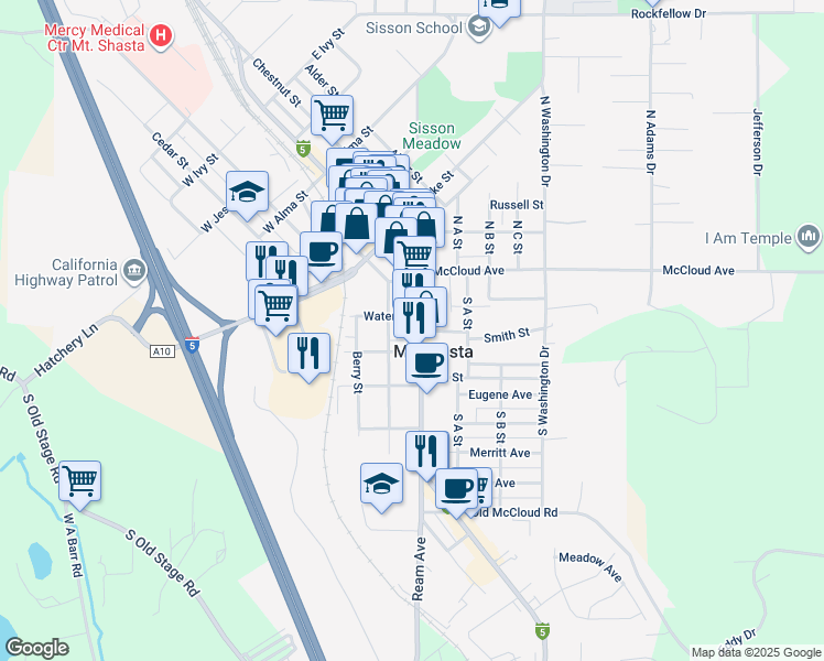 map of restaurants, bars, coffee shops, grocery stores, and more near 109 High Street in Mount Shasta