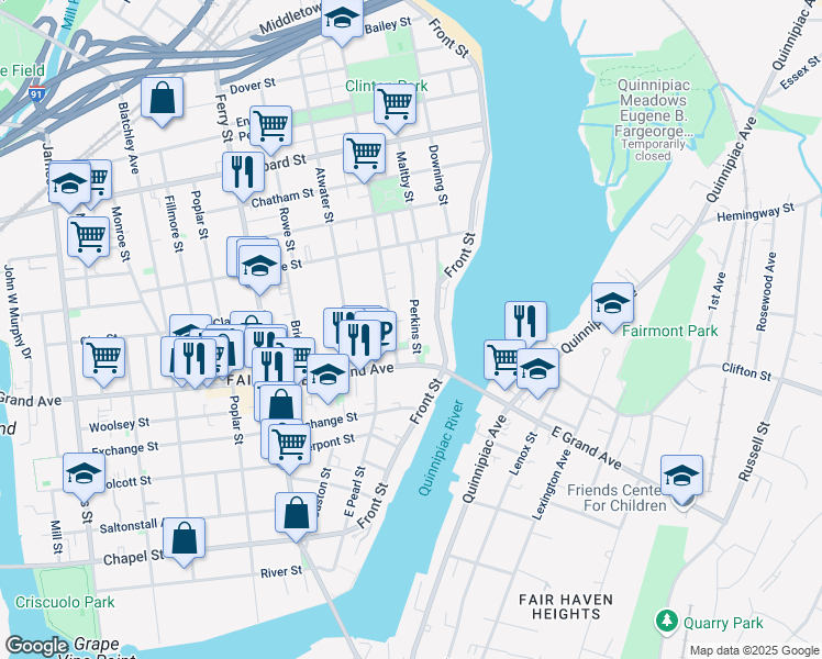 map of restaurants, bars, coffee shops, grocery stores, and more near 53 Grand Avenue in New Haven