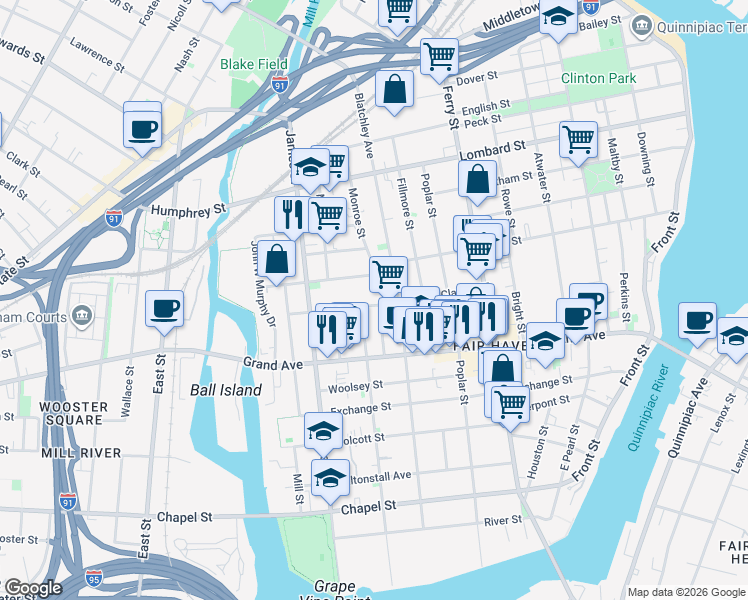 map of restaurants, bars, coffee shops, grocery stores, and more near 292 Blatchley Avenue in New Haven
