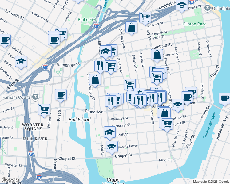 map of restaurants, bars, coffee shops, grocery stores, and more near 272 Lloyd Street in New Haven