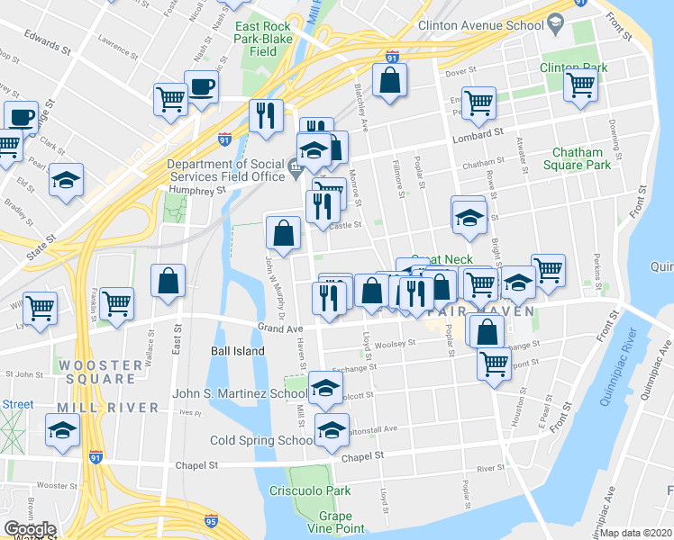 map of restaurants, bars, coffee shops, grocery stores, and more near 174 Clay Street in New Haven
