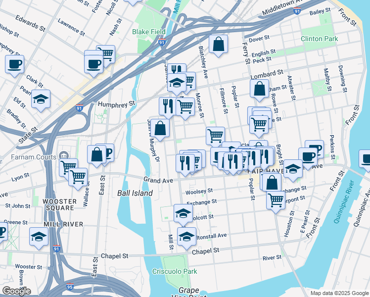 map of restaurants, bars, coffee shops, grocery stores, and more near 174 Clay Street in New Haven