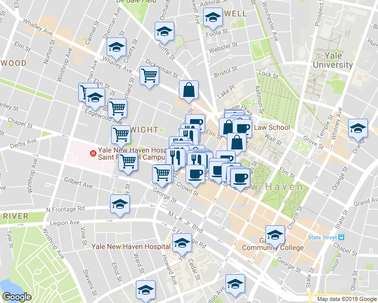 map of restaurants, bars, coffee shops, grocery stores, and more near 36 Edgewood Avenue in New Haven