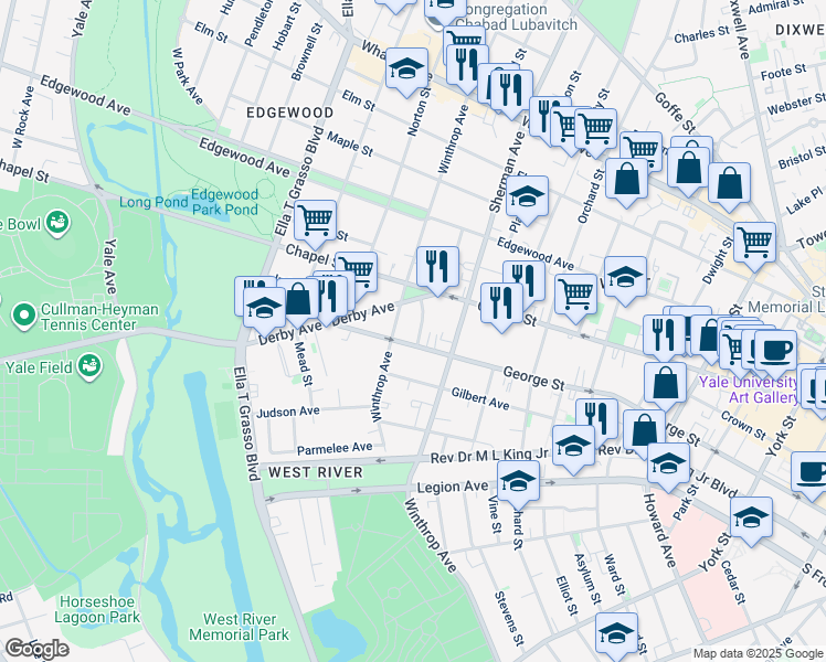 map of restaurants, bars, coffee shops, grocery stores, and more near 708 George Street in New Haven