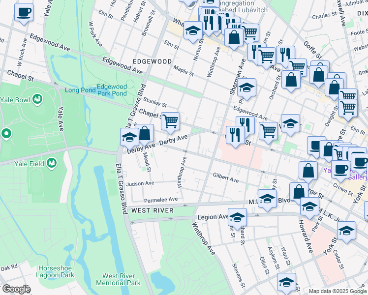 map of restaurants, bars, coffee shops, grocery stores, and more near 252 Winthrop Avenue in New Haven