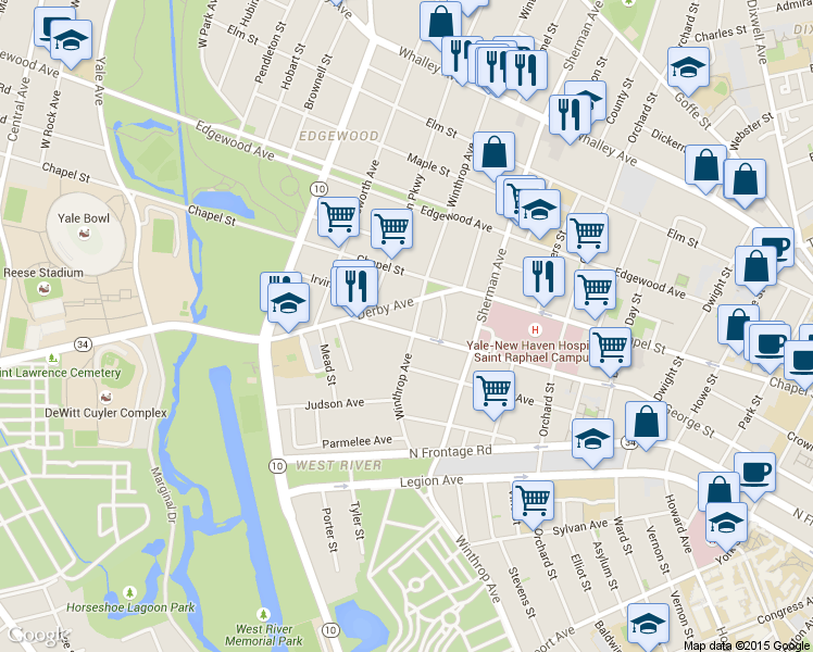 map of restaurants, bars, coffee shops, grocery stores, and more near 252 Winthrop Avenue in New Haven