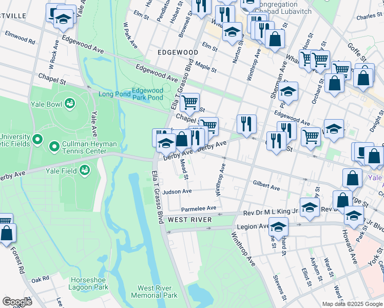 map of restaurants, bars, coffee shops, grocery stores, and more near 63 Mead Street in New Haven