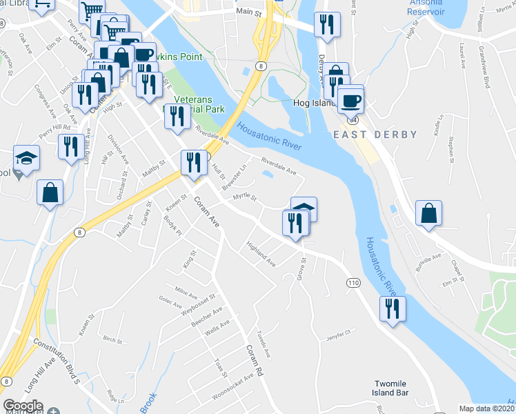 map of restaurants, bars, coffee shops, grocery stores, and more near 10 Park Street in Shelton