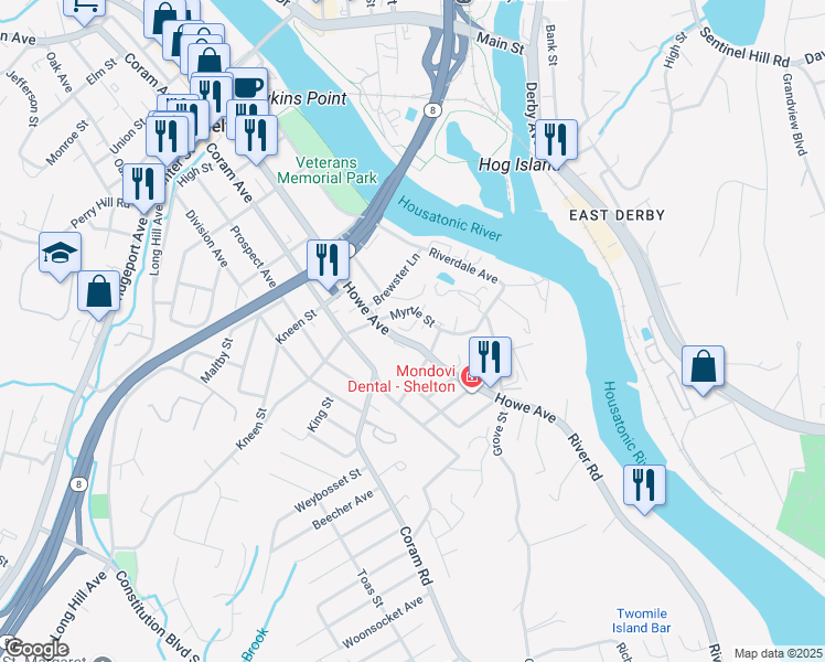 map of restaurants, bars, coffee shops, grocery stores, and more near 130 Howe Avenue in Shelton
